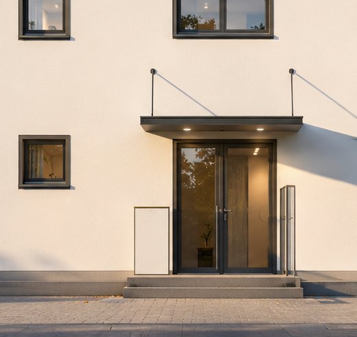 Eingangsbereich des Neubaus mit Vordach und beleuchteter Haustür