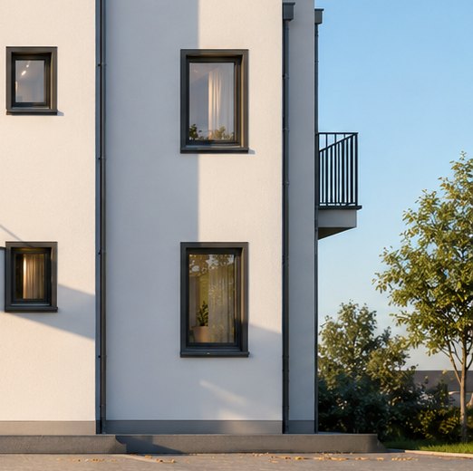 Fassadendetail mit Balkon und großen Fenstern