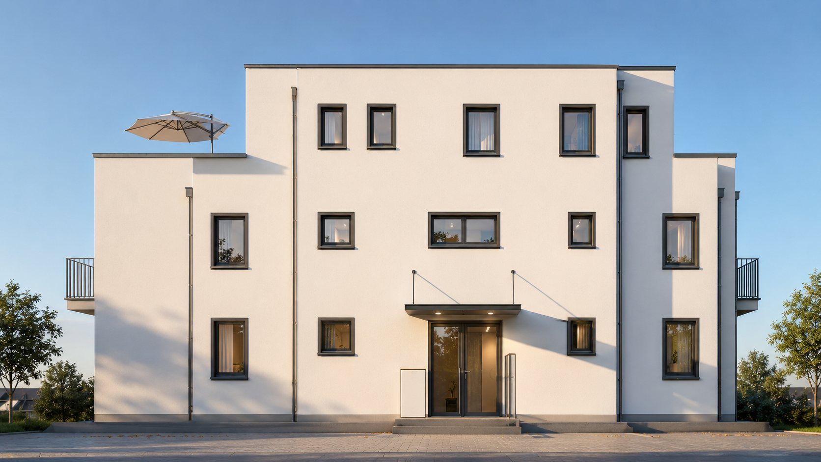 Moderner Neubau von Ivansek Immobilien mit klarer weißer Fassade und großzügigen Fensterflächen