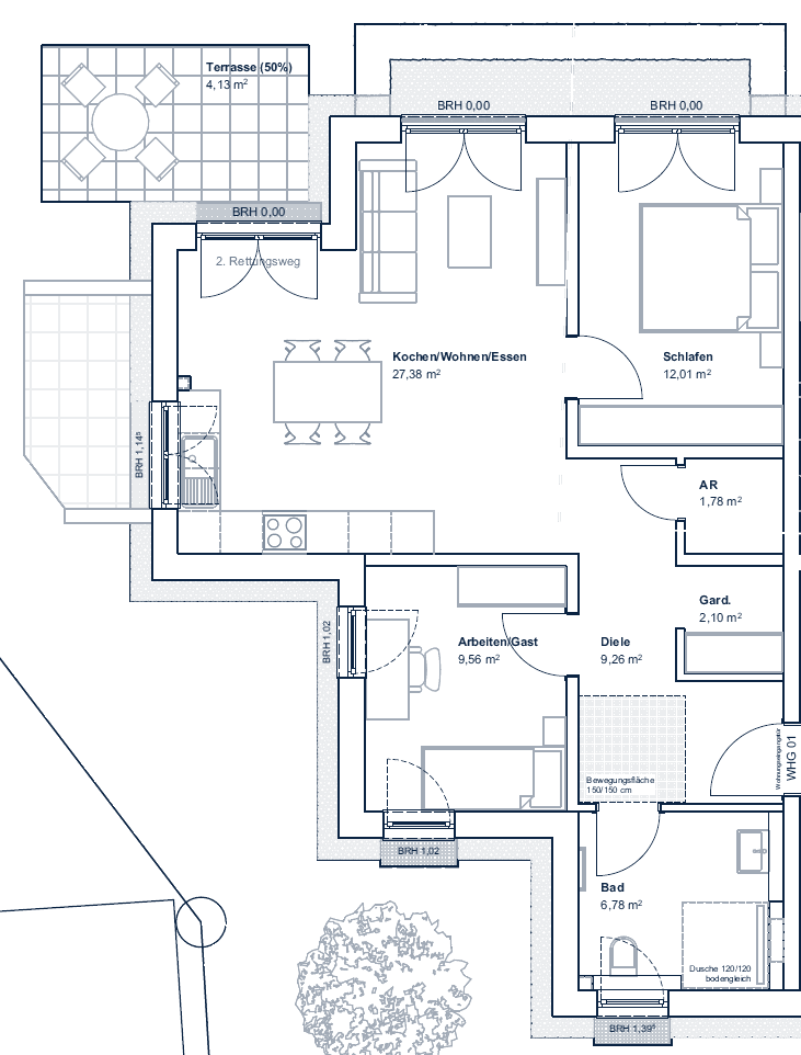 Grundriss EG links: 3-Zimmer-Wohnung mit Terrasse