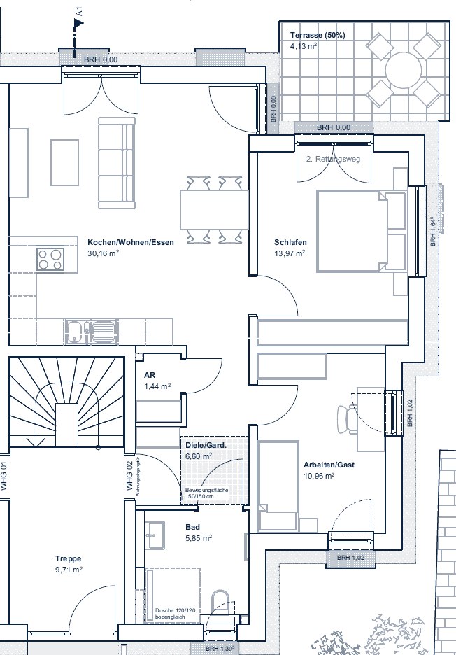 Grundriss EG rechts: 3-Zimmer-Wohnung mit Terrasse