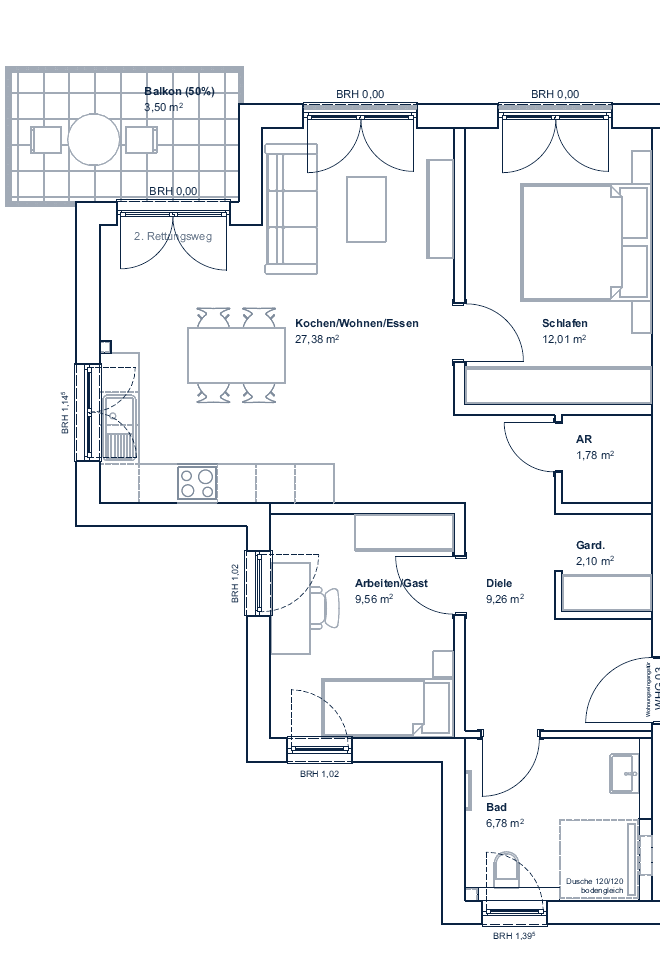 Grundriss OG links: 3-Zimmer-Wohnung mit Balkon