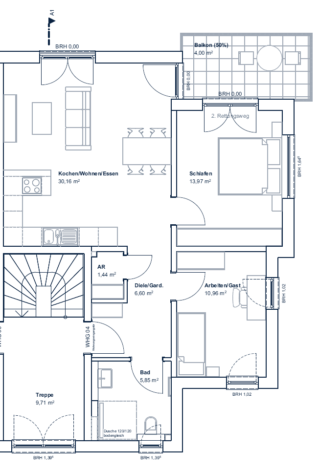 Grundriss OG rechts: 3-Zimmer-Wohnung mit Balkon