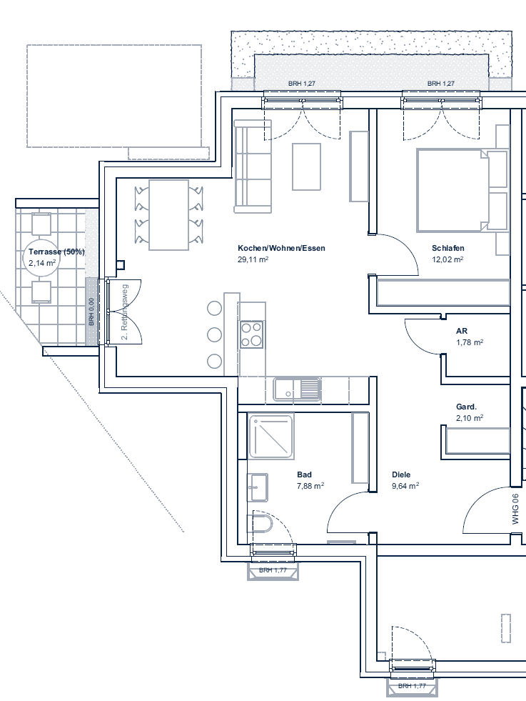 Grundriss Untergeschoss: 2-Zimmer-Einliegerwohnung mit Terrasse