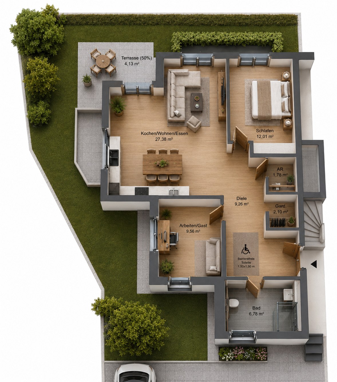 Möblierter Grundriss von Wohnung 01 mit offenem Koch-, Wohn- und Essbereich, Schlafzimmer, Arbeits- bzw. Gastzimmer, Bad und Terrasse
